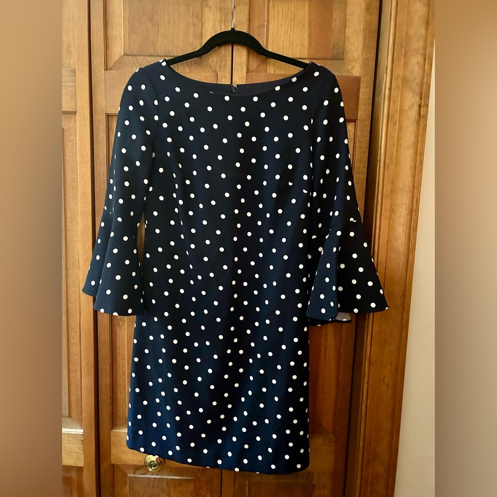 Eliza J Women's Sz 4 Retro, Preppy Navy & White Polka Dot Dress W/ Bell Sleeves